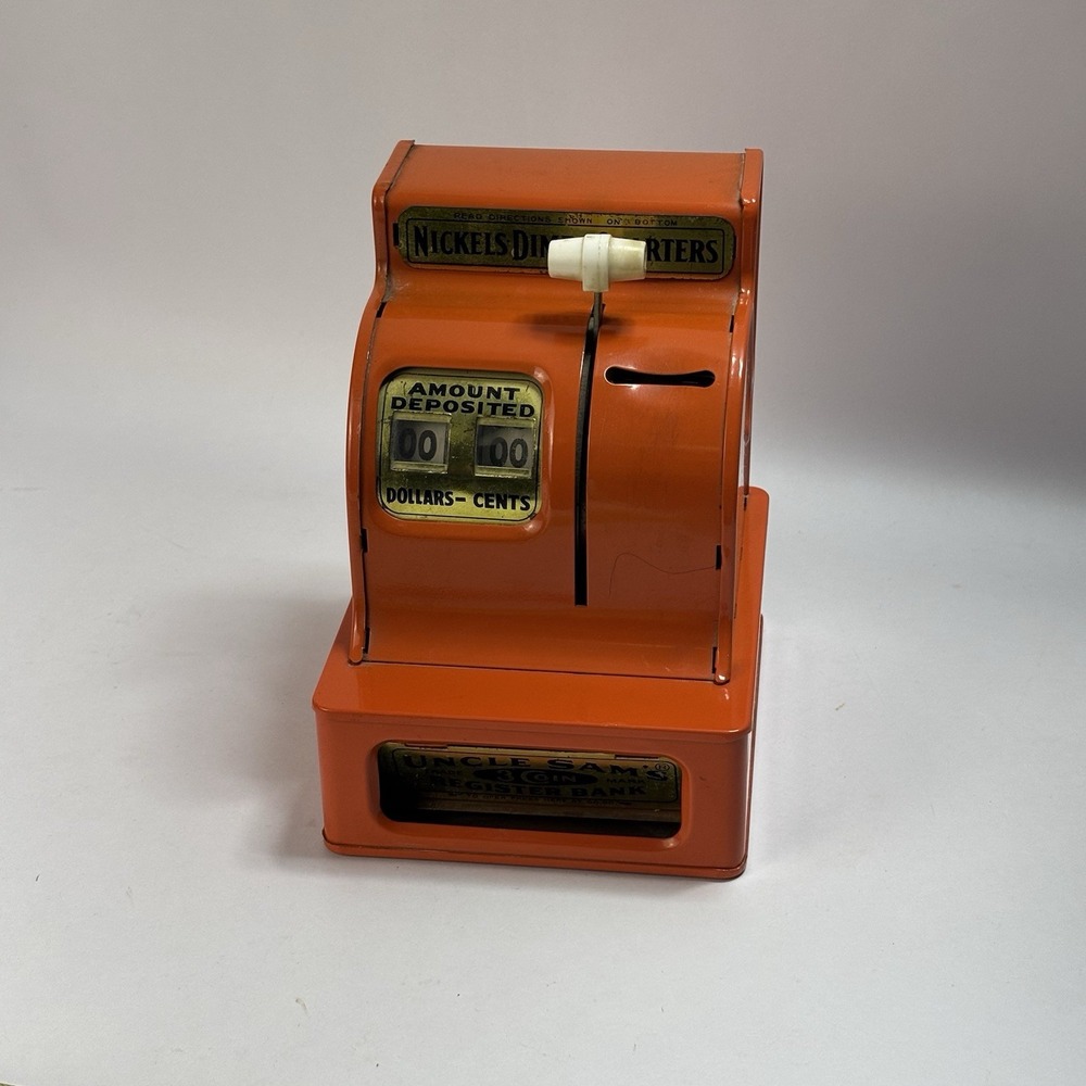 Vintage Orange Uncle Sam's 3 Coin Register Bank Metal Nickel Dime Quarters Japan